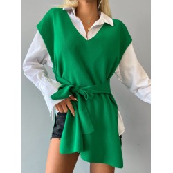 Kadın V Yaka Yırtmaç Detay Arkadan Bağlamalı Triko Bluz, 4595- Beden:STANDART-Renk:Yeşil