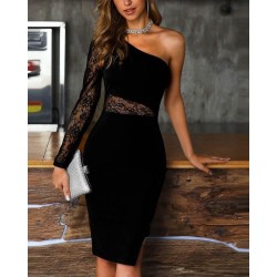 Kadın Siyah Tek Kol Dantel Detay Krep Elbise , 6199- Beden:S-M-Renk:Siyah